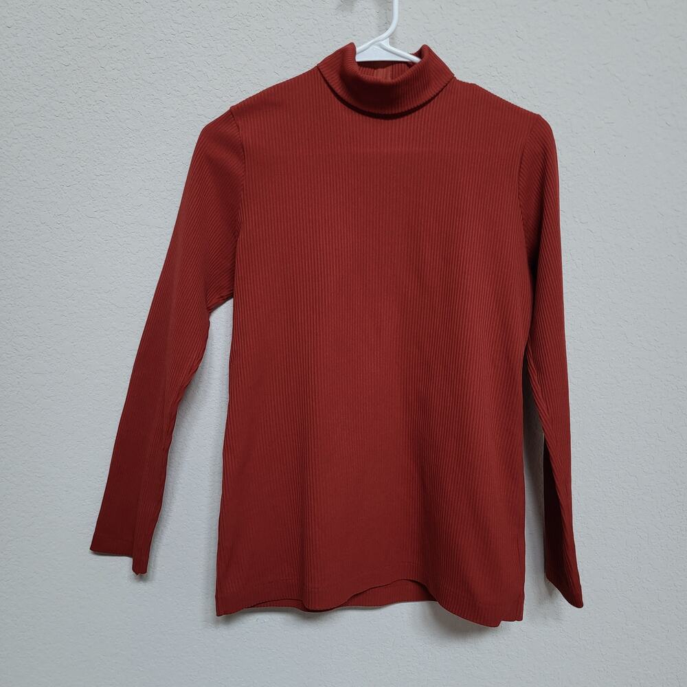 Vintage Ribbed Knit Turtleneck Top Women XS / Small Burnt Orange Rust 70s 90s